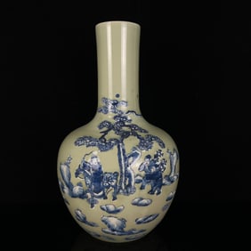 A Rare Blue and White Celadon Glazed Character and Story Pattern Vase