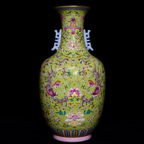 A Rare Green Ground Famille-Rose Painted Gold Flower and Phoenix Pattern Double-Ears Vase