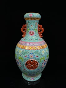 A Rare Enamel Painted Gold Lotus Pattern Hollow Double-Ears Vase