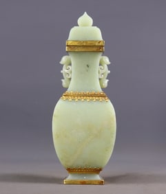 An Exquisite White Jade Cover with Gold Landscape and Figure Pattern Double-Ears Bottle,With Poem