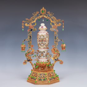 A Huge Filigree and Gilding Inlaid White Jade Vase,Inlaid Gems