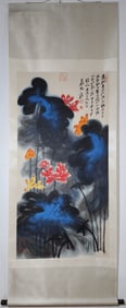 A Chinese Vertical Scroll Ink Painting of Lotus on Paper,Zhang Daqian
