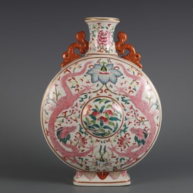A Rare Famille-Rose Painted Gold Flower and Dragon Pattern Dragon-Ears Vase