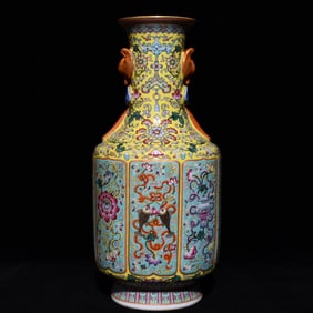 A Rare Famille-Rose Painted Gold Lotus and Eight Treasures Pattern Double-Ears Vase