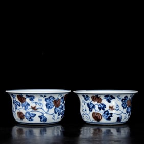A Pair of Exquisite Blue and White Underglaze-Red Pumpkin Pattern Cups