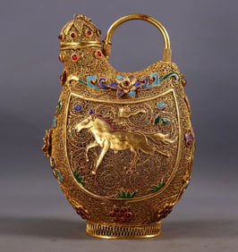An Exquisite Flower silk gold-plated Horse Pattern Pot,Inlaid Gems