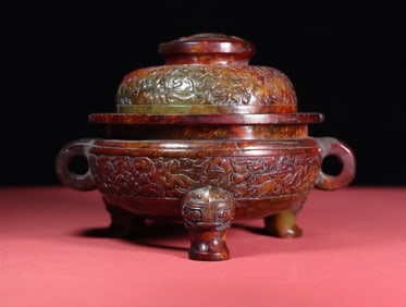 An Exquisite Gaogu Jade Auspicious Beast Pattern Double-Ears and Tripod Censer