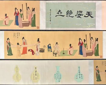 A Chinese Hand Scroll Ink Painting of Character and Story on Silk,Zhang Daqian