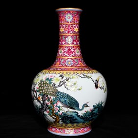 A Huge Famille-Rose Painted Gold Flower and Bird Pattern Vase,With Poem