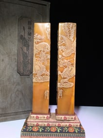 A Pair of Exquisite Shoushan Stone Dragon and Phoenix Pattern Seal,With Poem