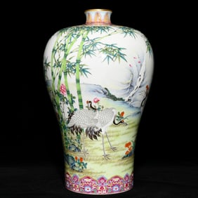 A Rare Famille-Rose Painted Gold Bamboo and Crane Pattern Vase