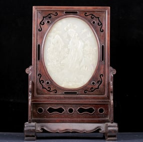 A Rare Zitanwood Inlaid White Jade Figure Pattern Table Screen