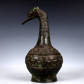 A Rare Bronze Duck-Shaped Vase,With Inscription