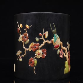 An Exquisite Zitanwood Inlaid Gems Flower and Bird Pattern Brush Pot