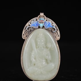 An Exquisite Silver Inlaid White Jade Statue of Manjusri Pendant