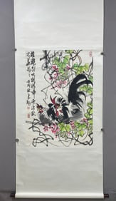 A Chinese Vertical Scroll Ink Painting of Flower and Rooster on Paper,Chen Dayu