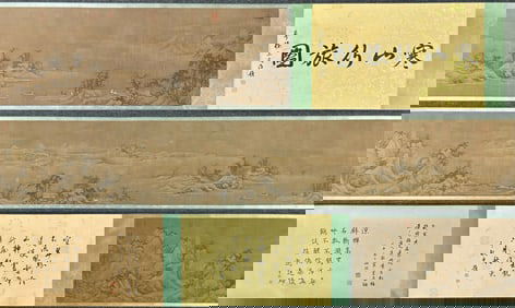 A Chinese Hand Scroll Ink Painting of Landscape and Figure on Silk,Zhang Zeduan