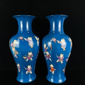 A Pair of Huge Blue Glazed Famille-Rose Character and Story Pattern Vases