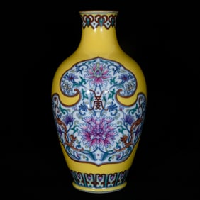 An Exquisite Yellow Ground Blue and White Doucai Shou-Character Lotus and Dragon Pattern Vase