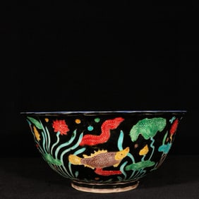 An Exquisite Black Glazed Ji Blue Glazed Enamel Fish and Algae Pattern Bowl