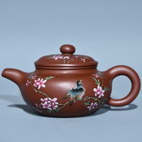An Exquisite Purple Sands Famille-Rose Flower and Bird Pattern Teapot
