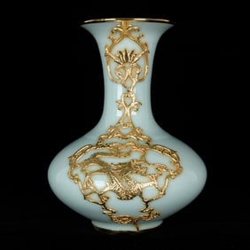 An Exquisite Celadon Glazed Inlaid Gilt Bronze Dragon Pattern Vase