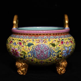 An Exquisite Yellow Ground Famille-Rose Gilded Gold Lotus and Dragon Pattern Double-Ears and Tripod