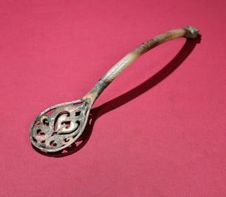 An Exquisite Bronze Inlaid Gold and Silver Inlaid White Jade Spoon