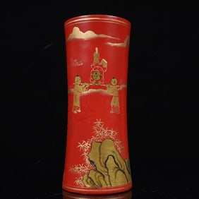 An Exquisite Carved Red Lacquer Painted Gold Landscape and Figure Pattern Brush Pot,With Poem