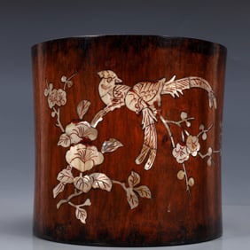 An Exquisite Huanghuali wood Inlaid Gems Flower and Bird Pattern Brush Pot