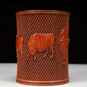 An Exquisite Huanghuali Wood Buffalo Pattern Brush Pot