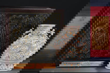 A Huge Paste relief Dragon and Phoenix Pattern Double-Ears Vase,With Vertical Scroll Painting on