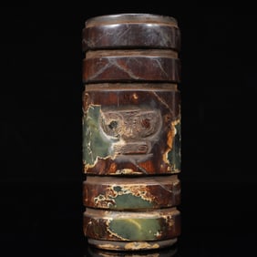 An Archaic Liangzhu Culture Green Jade Animal Mask Cong