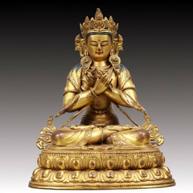 A Solemn Gilt Bronze Statue of Vajrasattva, Inlaid Gems