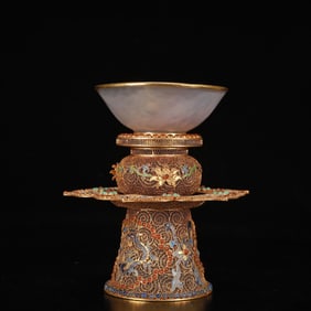 An Exquisite Cloisonne Gilt Agate Cover with Gold Bowl,With Cloisonne Base,Inlaid Gems