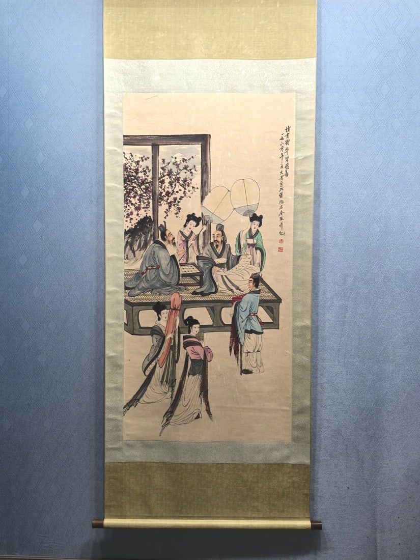 A Chinese Vertical Scroll Ink Painting of Character and Story on Paper,Fu Baoshi: A Chinese Vertical Scroll Ink Painting of Character and Story on Paper,Fu Baoshi,Size:(Without frame)26.8inx54.7in 一幅中国水墨人物故事Ĭ