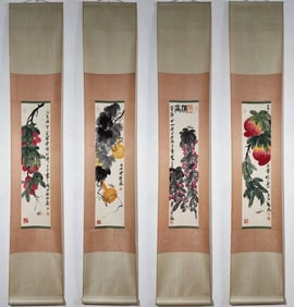 A Set of Chinese Vertical Scroll Ink Painting of Fruit on Paper,Qi Baishi