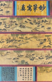 A Chinese Hand Scroll Ink Painting of Landscape and Buffalo on Silk,Lang Shining