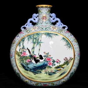 An Exquisite Famille-Rose Painted Gold Flower and Bird Pattern Dragon-Ears Vase