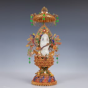 An Exquisite Filigree and Gilding Inlaid White Jade Statue of Avalokitesvara,Inlaid Gems