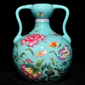 An Exquisite Turquoise Glazed Enamel Painted Gold Flower and Butterfly Pattern Double-Ears Vase,With