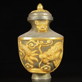 An Exquisite Gilt Silver Dragon Pattern Beast-Ears Cover Jar