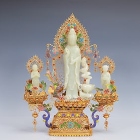 A Set of Fine Filigree and Gilding Inlaid White Jade Buddha Statues,Inlaid Gems