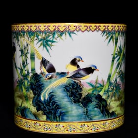 An Exquisite Enamel Painted Gold Bamboo and Bird Pattern Brush Pot,With Poem