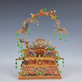 An Exquisite Filigree and Gilding Inlaid White Jade Teapot,Inlaid Gems
