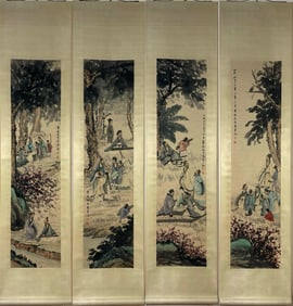 A Set of Chinese Vertical Scroll Ink Painting of Landscape and Figure on Paper,Fu Baoshi