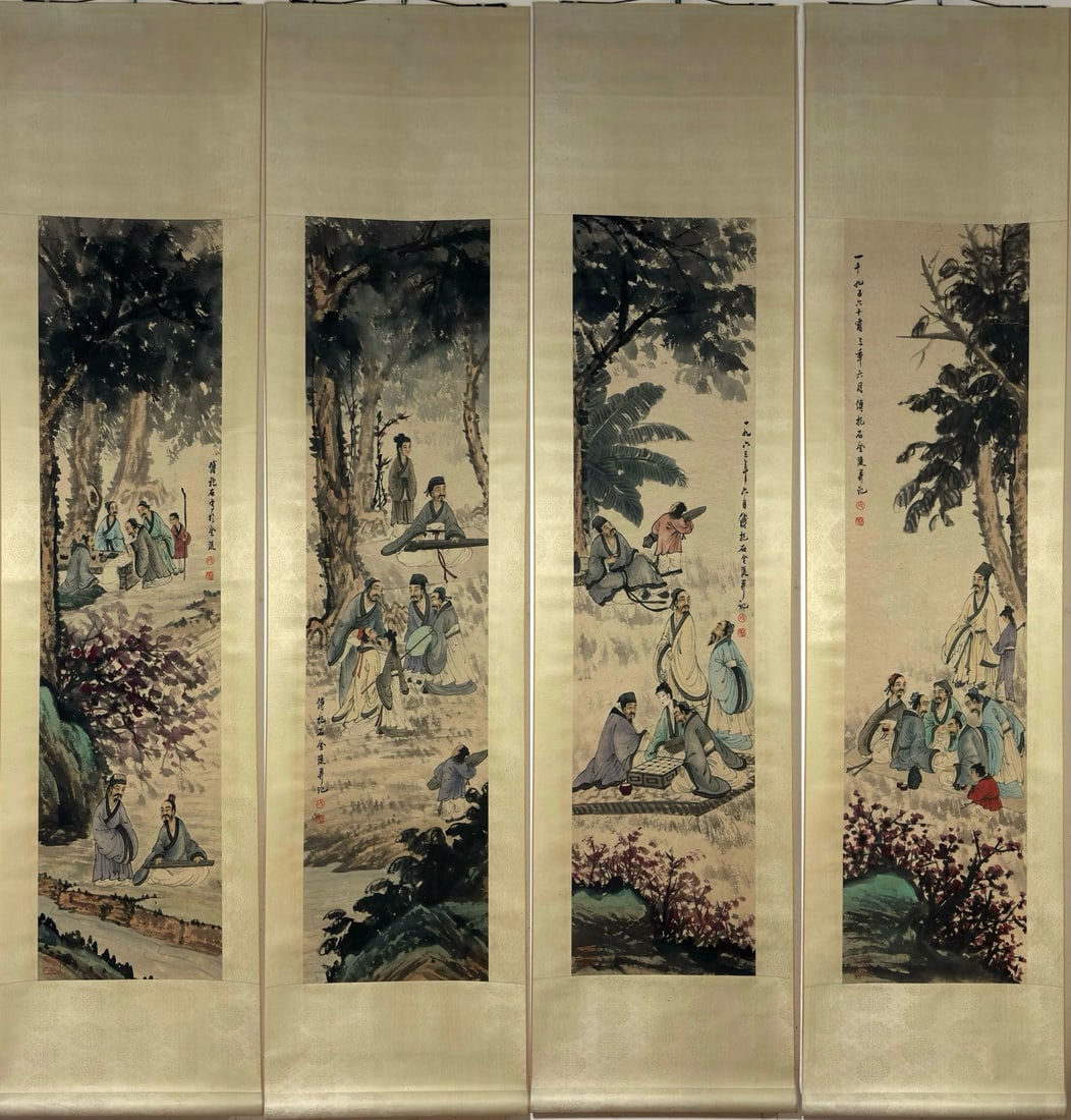 A Set of Chinese Vertical Scroll Ink Painting of Landscape and Figure on Paper,Fu Baoshi: A Set of Chinese Vertical Scroll Ink Painting of Landscape and Figure on Paper,Fu Baoshi,Size:(Without frame)53.9inx13in*4 一套中国水墨山水人Ĥ