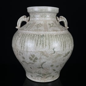 An Exquisite Blue and White Flower and Bird Pattern Double-Ears Vase,With Poem