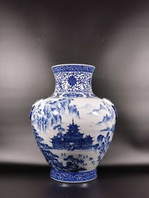 A Huge Blue and White Lotus,Landscape and Figure Pattern Beast-Ears Vase