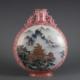 A Rare Ruby Red-Color Famille-Rose Painted Gold Landscape and Figure Pattern Dragon-Ears Vase